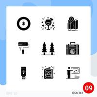 Modern Set of 9 Solid Glyphs Pictograph of paint brush roller gps paint route Editable Vector Design Elements