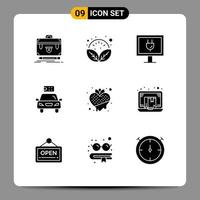 Pack of 9 Modern Solid Glyphs Signs and Symbols for Web Print Media such as food energy relax electric car Editable Vector Design Elements