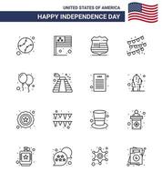 conjunto moderno de 16 líneas y símbolos en el día de la independencia de EE. UU., como globos de día escudo banderines de bombilla de fiesta elementos de diseño de vector de día de EE. UU. editables
