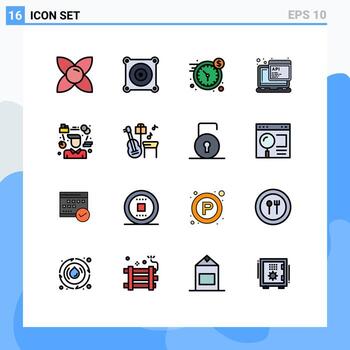 paquete de línea rellena de color plano de 16 símbolos universales de tareas administrador programación en dólares javascript elementos de diseño de vectores creativos editables