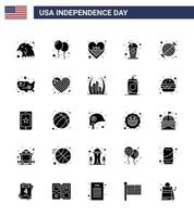 Group of 25 Solid Glyph Set for Independence day of United States of America such as bbq food heart soda cola Editable USA Day Vector Design Elements