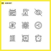 conjunto moderno de 9 contornos y símbolos como compartir elementos de diseño de vectores editables de maíz de flor de ojo de girasol