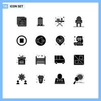 16 Universal Solid Glyphs Set for Web and Mobile Applications media space tower robot ironing tools Editable Vector Design Elements