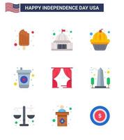 Pack of 9 USA Independence Day Celebration Flats Signs and 4th July Symbols such as leisure soda white drink cake Editable USA Day Vector Design Elements