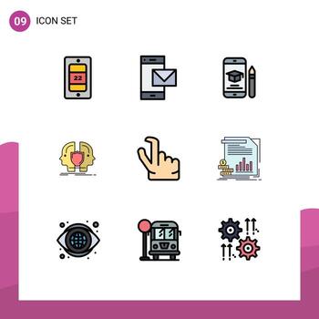 9 User Interface Filledline Flat Color Pack of modern Signs and Symbols of sheild dual cap face pencil Editable Vector Design Elements