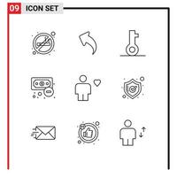 Modern Set of 9 Outlines and symbols such as favorite avatar lock outcome economy Editable Vector Design Elements