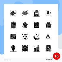 Set of 16 Commercial Solid Glyphs pack for work process exhibition algorithm down Editable Vector Design Elements