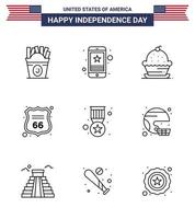 USA Independence Day Line Set of 9 USA Pictograms of american shield phone security sweet Editable USA Day Vector Design Elements