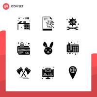 Mobile Interface Solid Glyph Set of 9 Pictograms of bynny lock academy card security atm card Editable Vector Design Elements