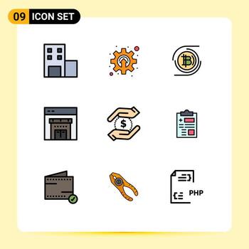 Set of 9 Vector Filledline Flat Colors on Grid for money dollar blockchain currency store Editable Vector Design Elements
