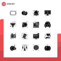 Set of 16 Commercial Solid Glyphs pack for cosmetic sort notification funnel video Editable Vector Design Elements