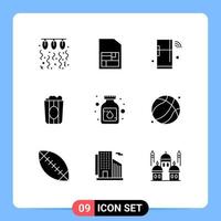 Modern Set of 9 Solid Glyphs Pictograph of bottle movie internet food wifi Editable Vector Design Elements