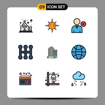 Mobile Interface Filledline Flat Color Set of 9 Pictograms of globe office man skyscaper transmission Editable Vector Design Elements