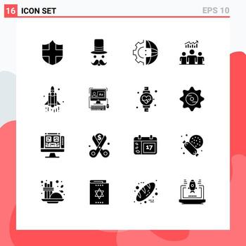 conjunto de pictogramas de 16 glifos sólidos simples de desarrollo de equipos de éxito producción de usuarios elementos de diseño de vectores editables