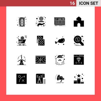 conjunto de glifos sólidos de interfaz móvil de 16 pictogramas del edificio del controlador de fortaleza escolar elementos de diseño vectorial editables de sonido vector
