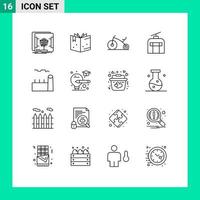 grupo de símbolos de iconos universales de 16 contornos modernos de plantas industriales, plantas de ebullición, calderas de bicicletas, elementos de diseño de vectores editables que viajan