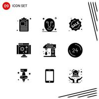 colección de 9 iconos vectoriales en estilo sólido símbolos de glifo perfecto de píxel para web y móvil signos de icono sólido sobre fondo blanco 9 iconos fondo de vector de icono negro creativo