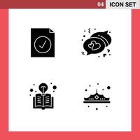 Set of 4 Commercial Solid Glyphs pack for complete light bulb chat book fashion Editable Vector Design Elements