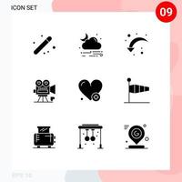 Mobile Interface Solid Glyph Set of 9 Pictograms of valentine video camera weather movie down left Editable Vector Design Elements