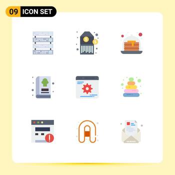 Paquete de 9 colores planos de interfaz de usuario de signos y símbolos modernos de desarrollo de optimización ruedas dentadas de fresa alimentos elementos de diseño vectorial editables vector