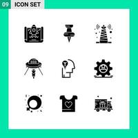 Group of 9 Modern Solid Glyphs Set for mind idea tower mars ufo Editable Vector Design Elements