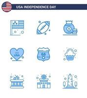 conjunto moderno de 9 azules y símbolos en el día de la independencia de EE. UU., como escudo, dólar de EE. UU., corazón americano, elementos de diseño vectorial editables del día de EE. UU. vector