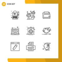 User Interface Pack of 9 Basic Outlines of music video wallet laptop personal Editable Vector Design Elements