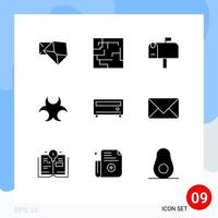 Mobile Interface Solid Glyph Set of 9 Pictograms of communication media post amplifier sign Editable Vector Design Elements