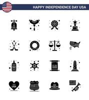 Modern Set of 16 Solid Glyphs and symbols on USA Independence Day such as sport hokey investigating american award Editable USA Day Vector Design Elements