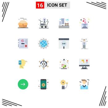 Mobile Interface Flat Color Set of 16 Pictograms of mail heart idea day building Editable Pack of Creative Vector Design Elements