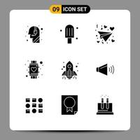 Group of 9 Modern Solid Glyphs Set for startup rocket love watch smart Editable Vector Design Elements