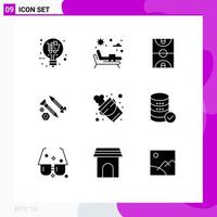 Pack of 9 creative Solid Glyphs of bucket tool basketball construction screws Editable Vector Design Elements