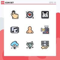 9 User Interface Filledline Flat Color Pack of modern Signs and Symbols of kitchen user album avatar songs Editable Vector Design Elements