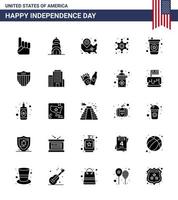 Happy Independence Day Pack of 25 Solid Glyph Signs and Symbols for drink police sign states star men Editable USA Day Vector Design Elements