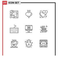 User Interface Pack of 9 Basic Outlines of board type affection keyboard love hearts Editable Vector Design Elements