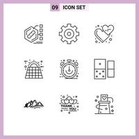 Mobile Interface Outline Set of 9 Pictograms of energy solar affection eco love hearts Editable Vector Design Elements