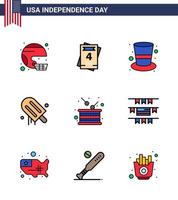 USA Independence Day Flat Filled Line Set of 9 USA Pictograms of day american wedding cream magic hat Editable USA Day Vector Design Elements