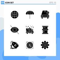 Pack of 9 Modern Solid Glyphs Signs and Symbols for Web Print Media such as transport delivery car hide disable Editable Vector Design Elements