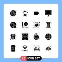 Pack of 16 Modern Solid Glyphs Signs and Symbols for Web Print Media such as dvd cd camera screen computer Editable Vector Design Elements