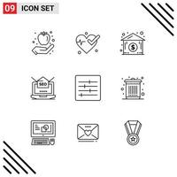 Group of 9 Outlines Signs and Symbols for options control house web setting Editable Vector Design Elements