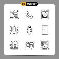 9 Black Icon Pack Outline Symbols Signs for Responsive designs on white background 9 Icons Set Creative Black Icon vector background