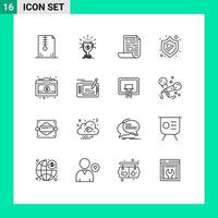 Pack of 16 Modern Outlines Signs and Symbols for Web Print Media such as business shield reward security document Editable Vector Design Elements