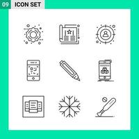 Pack of 9 Line Style Icon Set Outline Symbols for print Creative Signs Isolated on White Background 9 Icon Set Creative Black Icon vector background