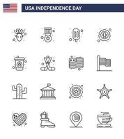 Line Pack of 16 USA Independence Day Symbols of soda beverage popsicle badge celebration Editable USA Day Vector Design Elements