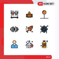 Group of 9 Filledline Flat Colors Signs and Symbols for fish sports architecture dumbbell pin Editable Vector Design Elements