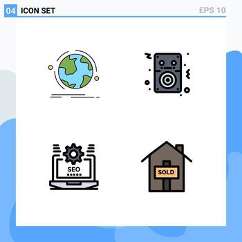 Group of 4 Modern Filledline Flat Colors Set for globe seo connection songs web Editable Vector Design Elements
