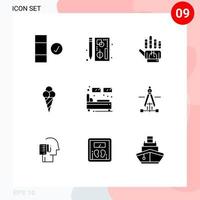 Modern Set of 9 Solid Glyphs Pictograph of single bed tracking cone beach Editable Vector Design Elements