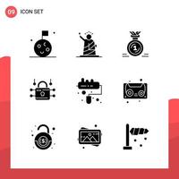 Pack of 9 Universal Glyph Icons for Print Media on White Background Creative Black Icon vector background