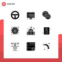 Pack of 9 creative Solid Glyphs of calipers card gear shopping education Editable Vector Design Elements