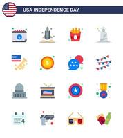 Happy Independence Day Pack of 16 Flats Signs and Symbols for flag statue usa of landmarks Editable USA Day Vector Design Elements